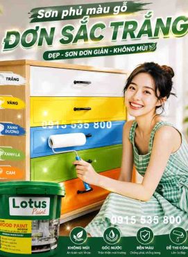 Sơn phủ màu gỗ Lotus Wood Paint sơn gỗ đơn sắc trắng-xanh 2k