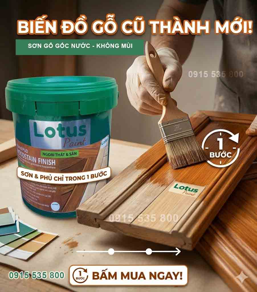 Sơn tạo màu gỗ lau phun hoàn thiện 2in1 Lotus Woodstain Pro Thi công sơn gỗ xưởng gỗ hay tự sơn gỗ tại nhà cực dễ - lau quét hay phun đều đẹp